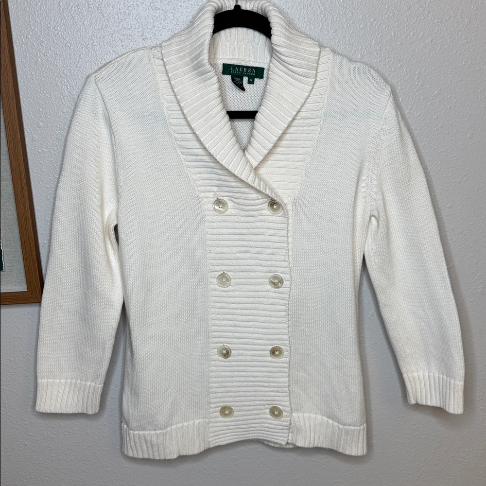 Lauren Ralph Lauren Ivory Cream Double-Breasted Cardigan Sweater 100% Cotton - M - Picture 2 of 16